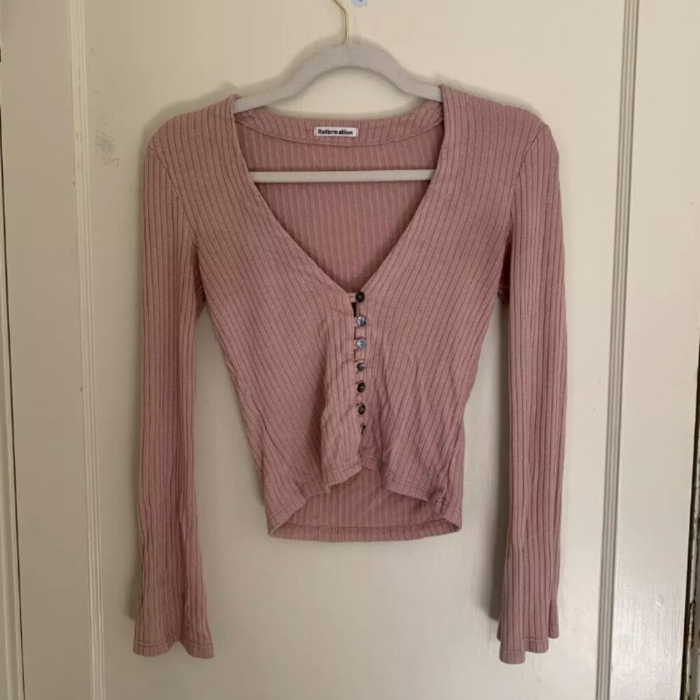 Reformation Gellar Knit Button-Up Top, Size Xs, L… - image 5